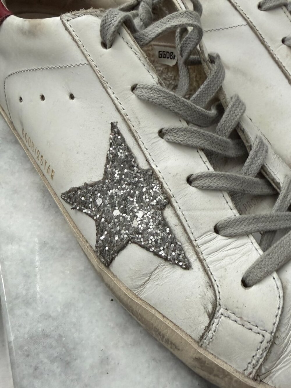 Golden Goose Superstar Sneakers White Leather Glitter Star Red Heel 41 / US 11 - Picture 6 of 6